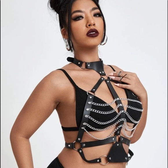 PU Leather Chain Choker Harness Plus Size - Picture 2 of 5